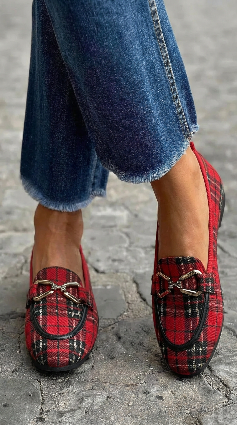 Mocassin met Schots ruitpatroon en metalen detail
