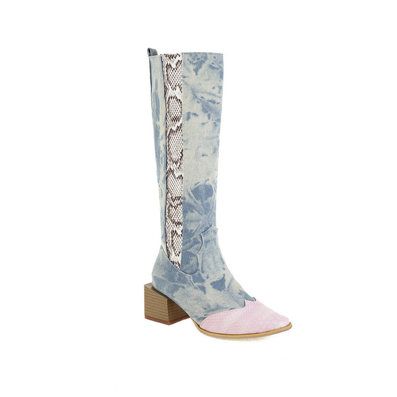 Denim laarzen met slangenprint detail