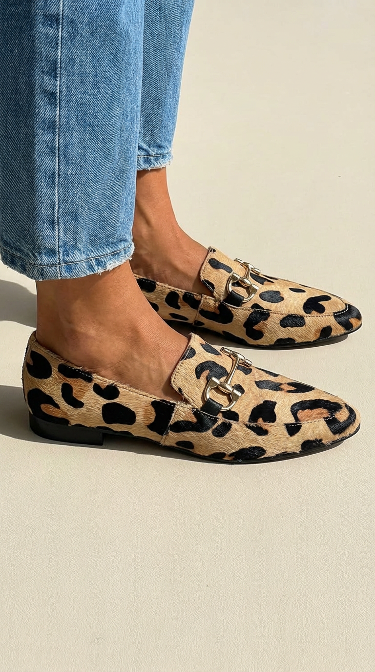 Animalprint mocassin met decoratief bit